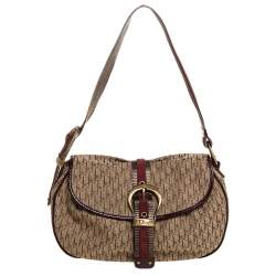 Pre Owned Dior Beige Oblique Canvas and Suede Buckle Flap Hobo