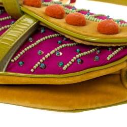 Pre Owned Dior Multicolor Velvet/Nylon and Leather Limited Edition Pom Pom Embellished Saddle Bag