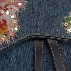 Pre Owned Dior Blue Crystal Embellished Denim and Leather Saddle Bag