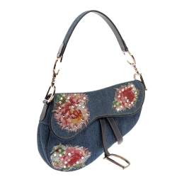 Pre Owned Dior Blue Crystal Embellished Denim and Leather Saddle Bag