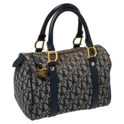 Pre Owned Dior Navy Blue Oblique Canvas and Leather Small Trotter Boston Bag