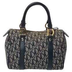 Pre Owned Dior Navy Blue Oblique Canvas and Leather Small Trotter Boston Bag