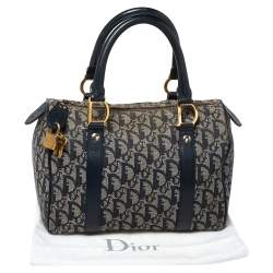 Pre Owned Dior Navy Blue Oblique Canvas and Leather Small Trotter Boston Bag
