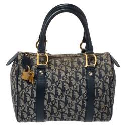 Small Boston Bag Blue Dior Oblique Embroidery and Smooth Calfskin