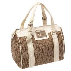 Pre Owned Dior White/Beige Oblique Canvas and Python Boston Bag 