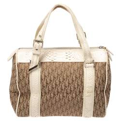 Pre Owned Dior White/Beige Oblique Canvas and Python Boston Bag 