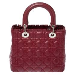 Pre Owned Dior Wine Red Cannage Leather Medium Lady Dior Ruffle Tote