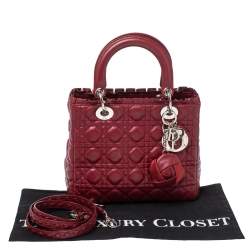 Pre Owned Dior Wine Red Cannage Leather Medium Lady Dior Ruffle Tote