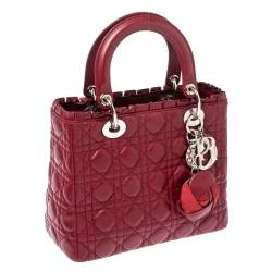 Pre Owned Dior Wine Red Cannage Leather Medium Lady Dior Ruffle Tote