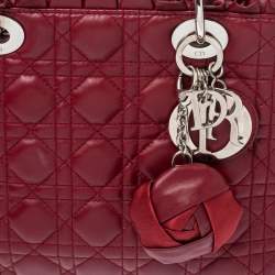 Pre Owned Dior Wine Red Cannage Leather Medium Lady Dior Ruffle Tote