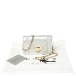 Pre Owned Christian Dior Silver Grained Leather Diorama Pouch Wallet on Chain