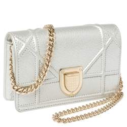 Pre Owned Christian Dior Silver Grained Leather Diorama Pouch Wallet on Chain