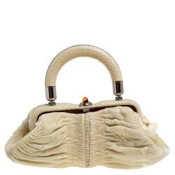 Pre Owned Dior Cream Velvet and Python Karenina Top Handle Bag