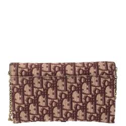 Pre Owned Dior Burgundy Oblique Canvas and Leather Saddle Wallet On Chain