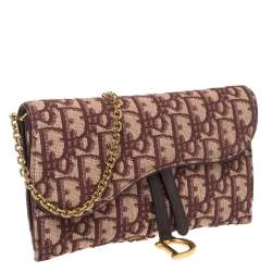 Pre Owned Dior Burgundy Oblique Canvas and Leather Saddle Wallet On Chain