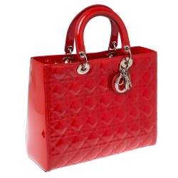 Pre Owned Dior Crimson Red Cannage Patent Leather Large Lady Dior Tote