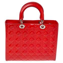Pre Owned Dior Crimson Red Cannage Patent Leather Large Lady Dior Tote
