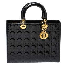 Pre Owned Dior Black Cannage Quilted Patent Leather Large Lady Dior Tote