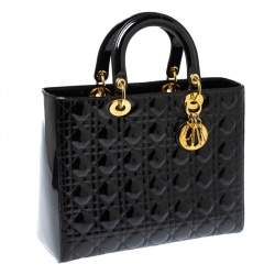 Pre Owned Dior Black Cannage Quilted Patent Leather Large Lady Dior Tote