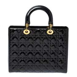 Pre Owned Dior Black Cannage Quilted Patent Leather Large Lady Dior Tote