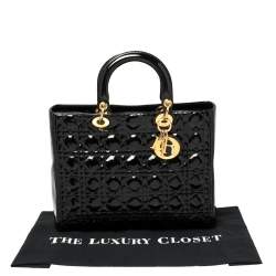 Pre Owned حقيبة يد ديور ليدي ديور كبيرة جلد لامع مبطنة كاناج سوداء 