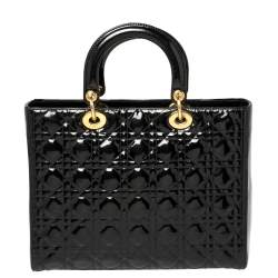Pre Owned حقيبة يد ديور ليدي ديور كبيرة جلد لامع مبطنة كاناج سوداء 