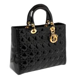 Pre Owned حقيبة يد ديور ليدي ديور كبيرة جلد لامع مبطنة كاناج سوداء 