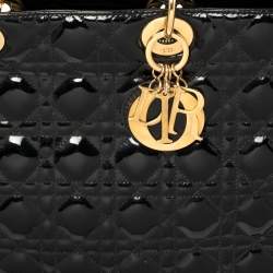 Pre Owned حقيبة يد ديور ليدي ديور كبيرة جلد لامع مبطنة كاناج سوداء 