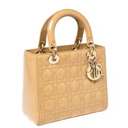Dior Beige Cannage Patent Leather Medium Lady Dior Tote