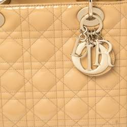 Dior Beige Cannage Patent Leather Medium Lady Dior Tote