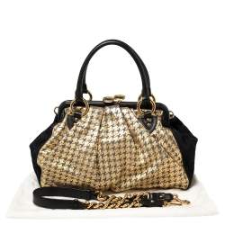 Pre Owned Marc Jacobs Black/Gold Houndstooth Print Leather and Calfhair Stam Embellished Shoulder Bag
