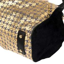 Pre Owned Marc Jacobs Black/Gold Houndstooth Print Leather and Calfhair Stam Embellished Shoulder Bag