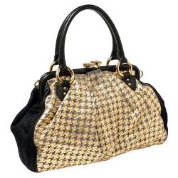 Pre Owned Marc Jacobs Black/Gold Houndstooth Print Leather and Calfhair Stam Embellished Shoulder Bag