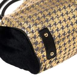 Pre Owned Marc Jacobs Black/Gold Houndstooth Print Leather and Calfhair Stam Embellished Shoulder Bag