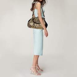 Pre Owned Marc Jacobs Black/Gold Houndstooth Print Leather and Calfhair Stam Embellished Shoulder Bag