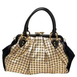 Pre Owned Marc Jacobs Black/Gold Houndstooth Print Leather and Calfhair Stam Embellished Shoulder Bag