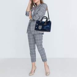 Pre Owned حقيبة يد ديور شوبر ديوريسيمو متوسطة مزخرفة رقعة جلد وتويد سوداء/ زرقاء ميتالك