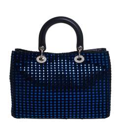 Pre Owned حقيبة يد ديور شوبر ديوريسيمو متوسطة مزخرفة رقعة جلد وتويد سوداء/ زرقاء ميتالك