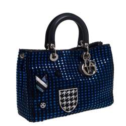 Pre Owned حقيبة يد ديور شوبر ديوريسيمو متوسطة مزخرفة رقعة جلد وتويد سوداء/ زرقاء ميتالك