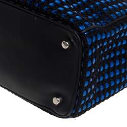 Pre Owned حقيبة يد ديور شوبر ديوريسيمو متوسطة مزخرفة رقعة جلد وتويد سوداء/ زرقاء ميتالك