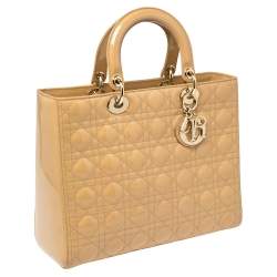 Pre Owned Dior Beige Cannage Patent Leather Large Lady Dior Tote