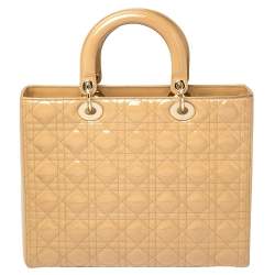 Pre Owned Dior Beige Cannage Patent Leather Large Lady Dior Tote