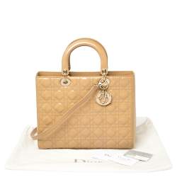 Pre Owned Dior Beige Cannage Patent Leather Large Lady Dior Tote