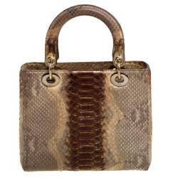 Pre Owned Dior Beige/Gold Python Medium Lady Dior Tote