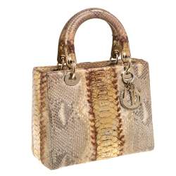 Pre Owned Dior Beige/Gold Python Medium Lady Dior Tote