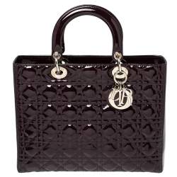 Pre Owned حقيبة يد ديور ليدي ديور كبيرة جلد لامع كاناج بنفسجي داكن