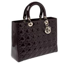 Pre Owned حقيبة يد ديور ليدي ديور كبيرة جلد لامع كاناج بنفسجي داكن