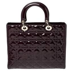 Pre Owned حقيبة يد ديور ليدي ديور كبيرة جلد لامع كاناج بنفسجي داكن