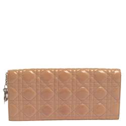 Pre Owned Dior Beige Quilted Cannage Patent Leather Lady Dior Chain Clutch