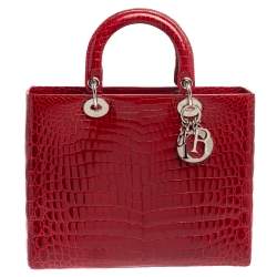 Pre Owned حقيبة ديور ليدي ديور جلد تمساح أحمر لامع كبيرة